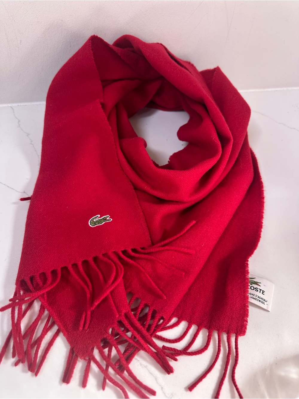 Lacoste Women's Red Logo Fringe Scarf - 100% Lambswool